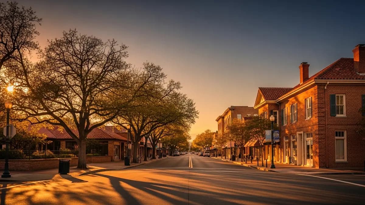 A scenic golden hour view of Historic Old Town Roseville, California, featuring sun-drenched mature oak trees lining a street with charming brick buildings and terracotta roofs, set against a deep blue and warm orange sky.