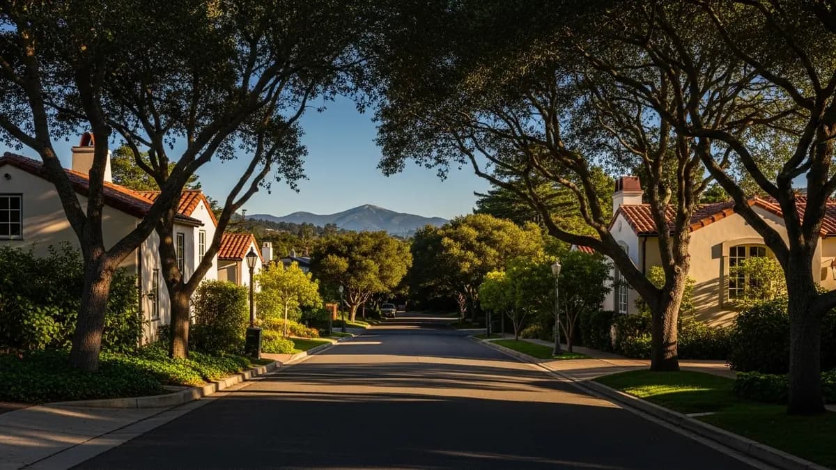 A serene, sun-drenched residential street in Ross, California, featuring elegant homes with cream facades and terracotta roofs, framed by lush trees and distant Mount Tamalpais under a golden hour sky.