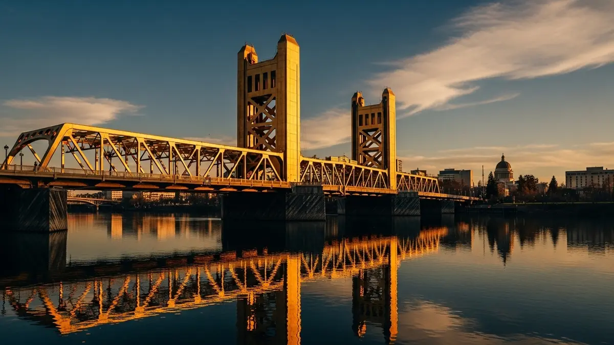 The iconic golden Tower Bridge in Sacramento, CA, glows during a beautiful sunset, its reflection visible in the deep blue waters of the Sacramento River with the city skyline in the distance.