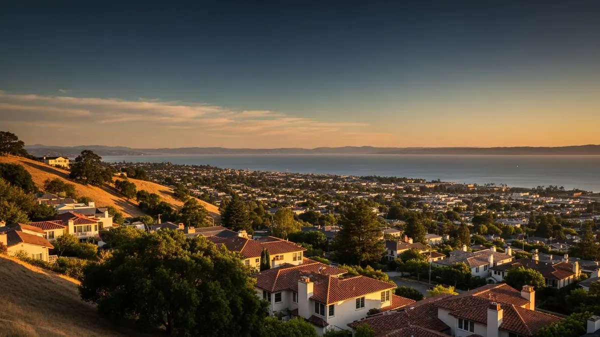 A warm, sun-drenched golden hour landscape view of San Carlos, California, from the hills, showing terracotta-roofed homes nestled among green trees, with the deep blue San Francisco Bay in the distance.