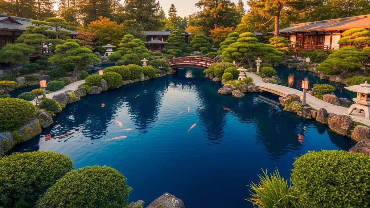 A beautiful, serene landscape photograph of the Japanese Friendship Garden in San Jose, California, during golden hour. The image features tranquil deep blue koi ponds reflecting the sun, surrounded by lush green foliage, elegant cream-colored stone lanterns and pathways, and subtle terracotta-toned traditional wooden structures. The scene is bathed in warm, natural light, conveying peace and natural beauty.