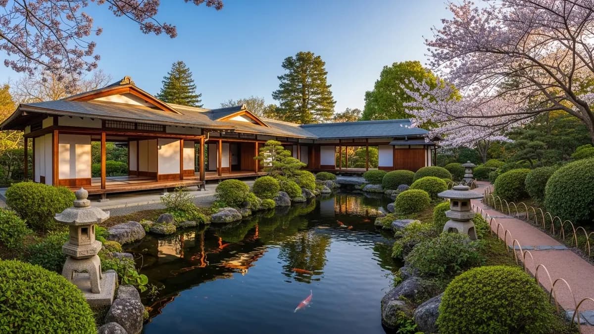A peaceful, sun-drenched wide-angle view of the San Mateo Japanese Garden at golden hour, featuring a traditional wooden pagoda, koi pond, and lush green foliage reflecting a deep blue sky.