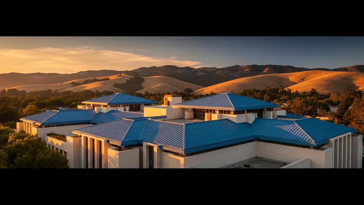 A serene, wide-angle view of the iconic Marin County Civic Center in San Rafael, California, bathed in the warm glow of golden hour. The distinctive blue roofs and cream-colored concrete architecture, designed by Frank Lloyd Wright, are set against a backdrop of rolling, sun-drenched hills. The image captures the elegant blend of modern architecture with the natural beauty of the Bay Area landscape.