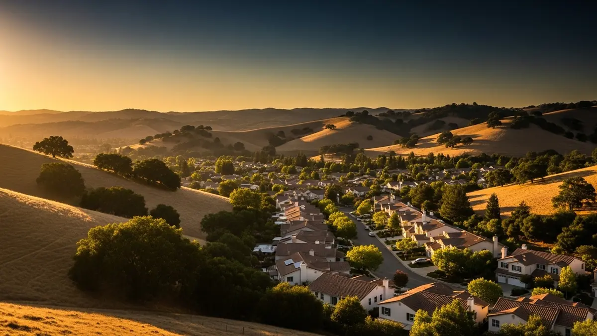 A beautiful, sun-drenched golden hour view overlooking a serene San Ramon residential neighborhood with warm cream homes and terracotta roofs, set against a backdrop of rolling golden hills under a deep blue sky.