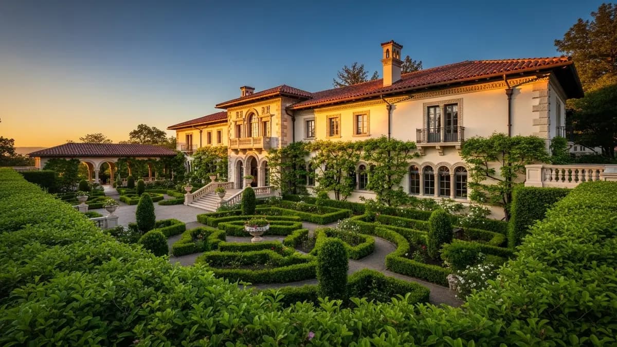 A warm, golden hour image of the historic Villa Montalvo at the Montalvo Arts Center in Saratoga, California, showcasing its elegant cream facade and terracotta roof amidst lush Italianate gardens.