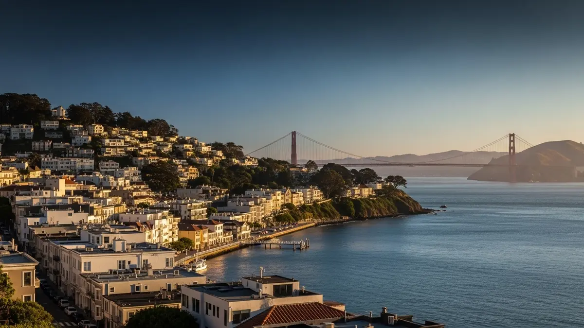 A scenic, sun-drenched view of Sausalito, California, during golden hour, featuring charming cream-colored buildings with terracotta roofs cascading towards the deep blue Richardson Bay, with the iconic Golden Gate Bridge visible in the distance under a navy-blue sky.