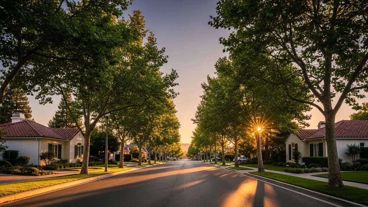 A sun-drenched, tree-lined residential street in Sunnyvale, California, featuring homes with cream exteriors and terracotta roofs under a golden hour sky.