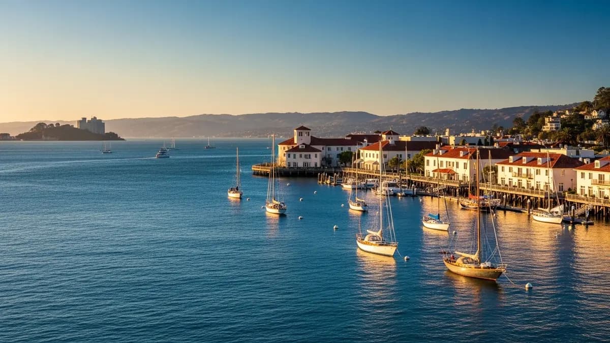 A sun-drenched golden hour landscape of Tiburon, California, overlooking the San Francisco Bay. The image features deep blue water with sailboats, cream-colored waterfront buildings with terracotta roofs, and distant hills under a clear sky, embodying a high-end, professional aesthetic.