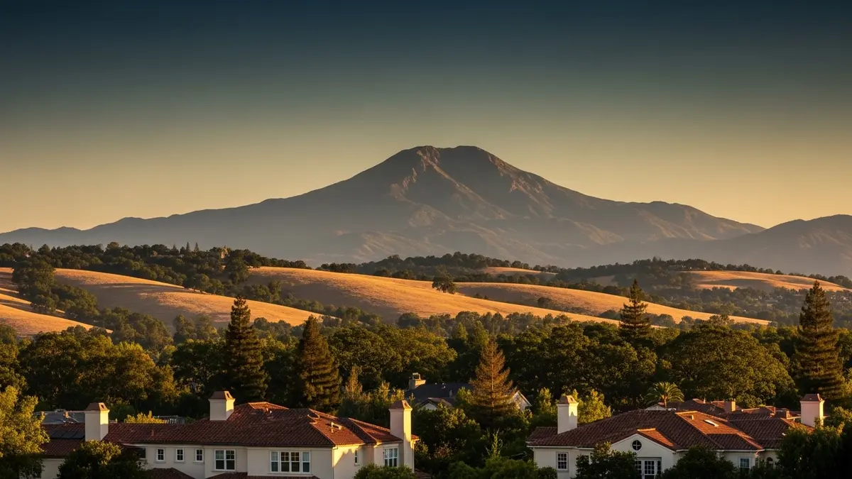 A high-end landscape photograph showcasing Walnut Creek, California, at golden hour. The majestic Mount Diablo rises in the background, framed by rolling golden hills and oak trees. In the foreground, elegant residential homes with terracotta roofs and cream walls blend into the sun-drenched scenery. The sky displays a gradient of warm cream to deep navy.