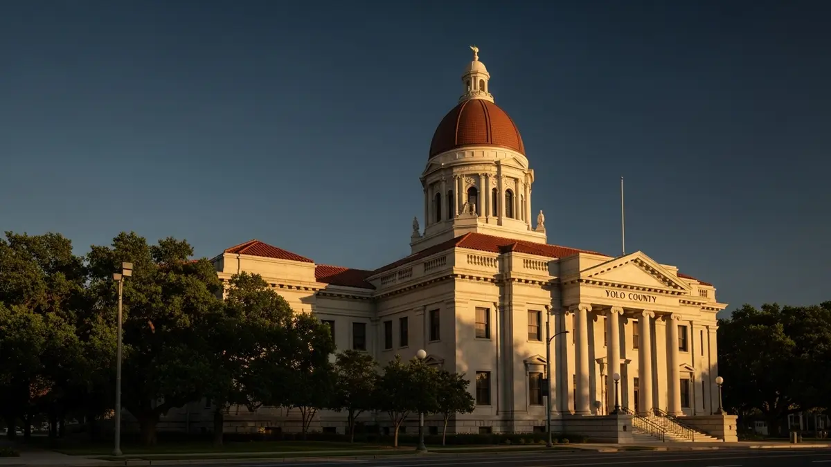 A serene, golden hour view of the historic Yolo County Courthouse in Woodland, California, featuring its creamy neoclassical facade and deep blue sky, framed by mature trees.