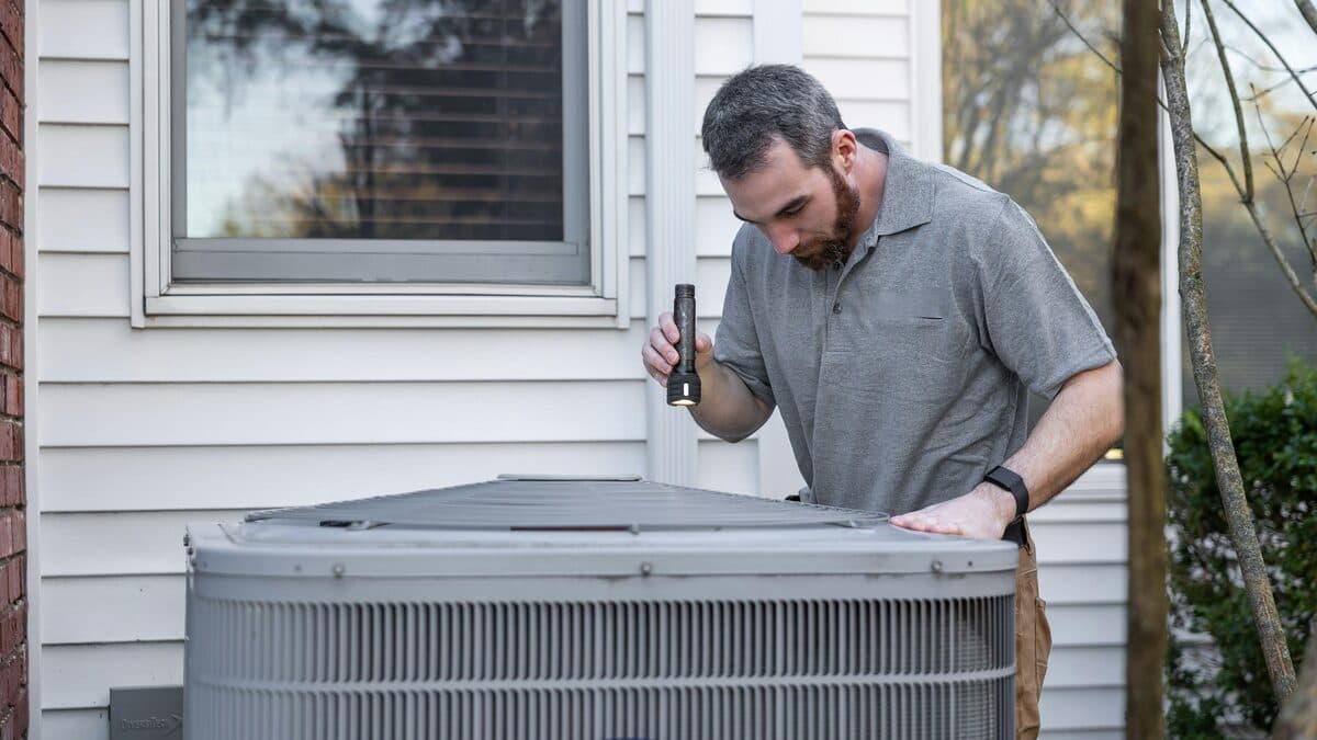 An HVAC technician inspects an outdoor air conditioning unit at a residential home.