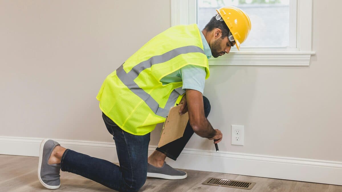 Construction worker in safety vest inspecting a floor air vent register inside a home