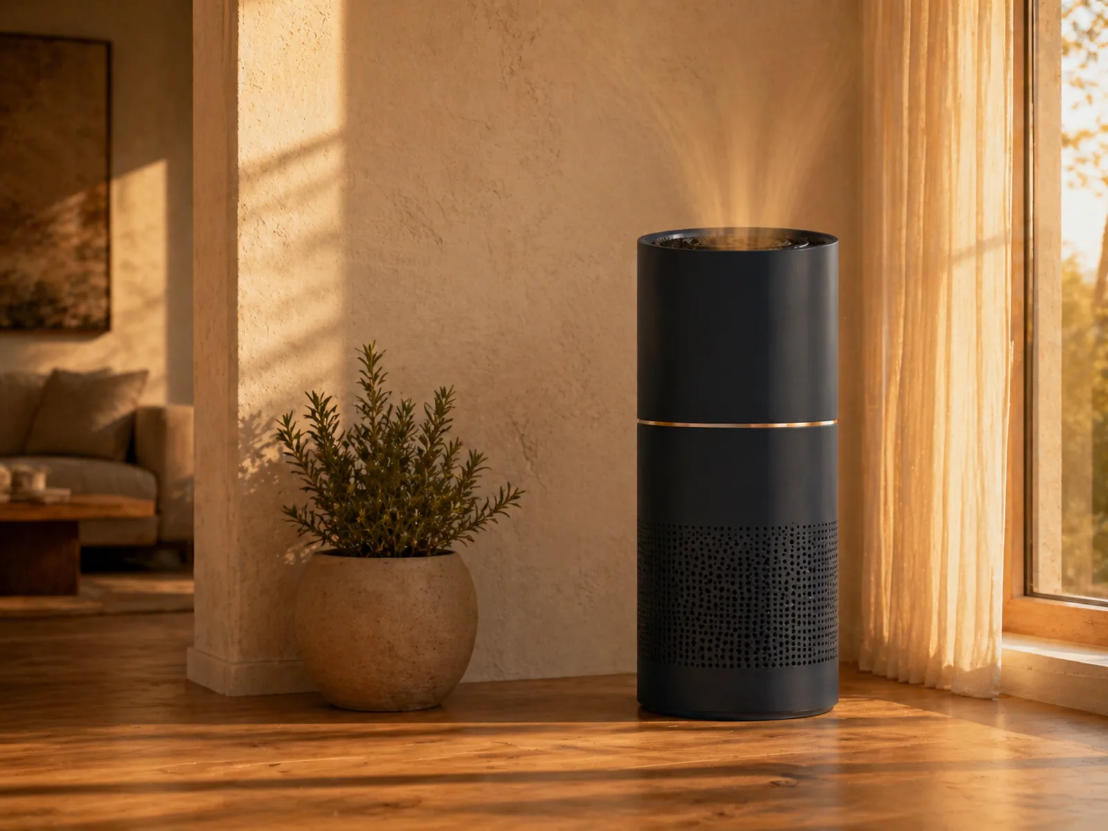 Whole-home air purifier in a sunlit Sacramento living room with hardwood floors.