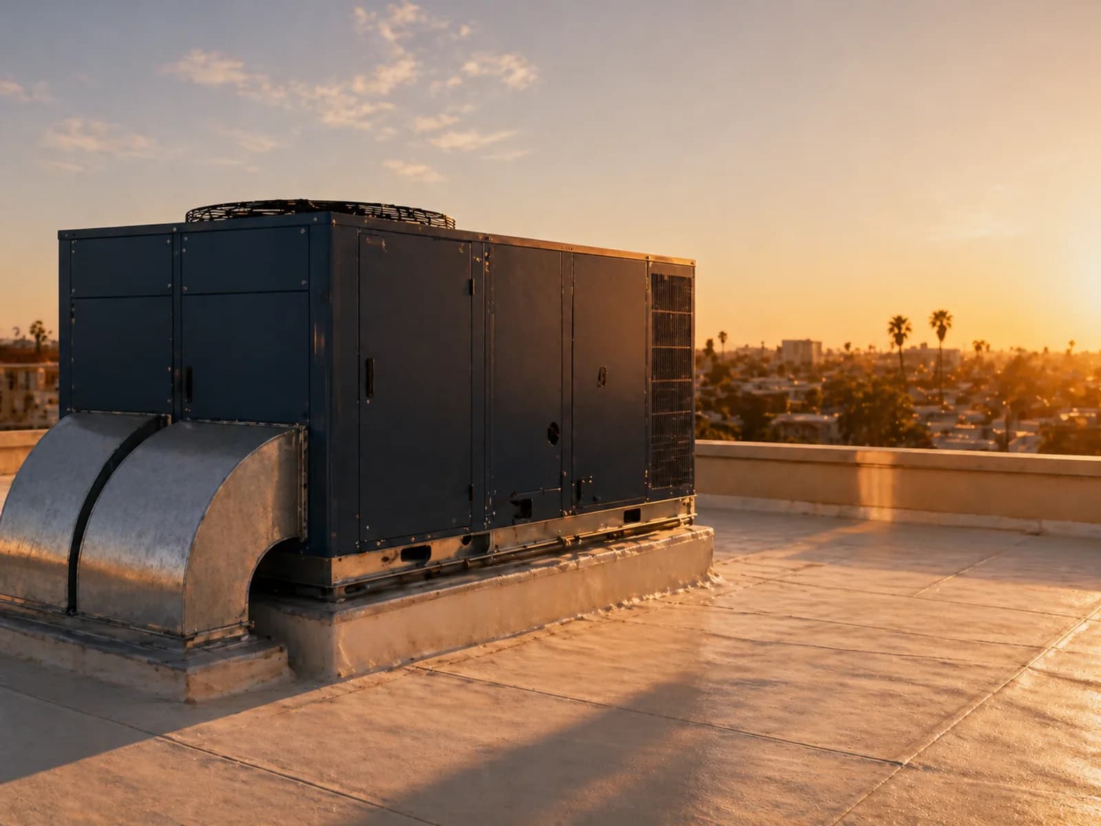 Rooftop packaged HVAC unit on a Sacramento commercial building at golden hour.
