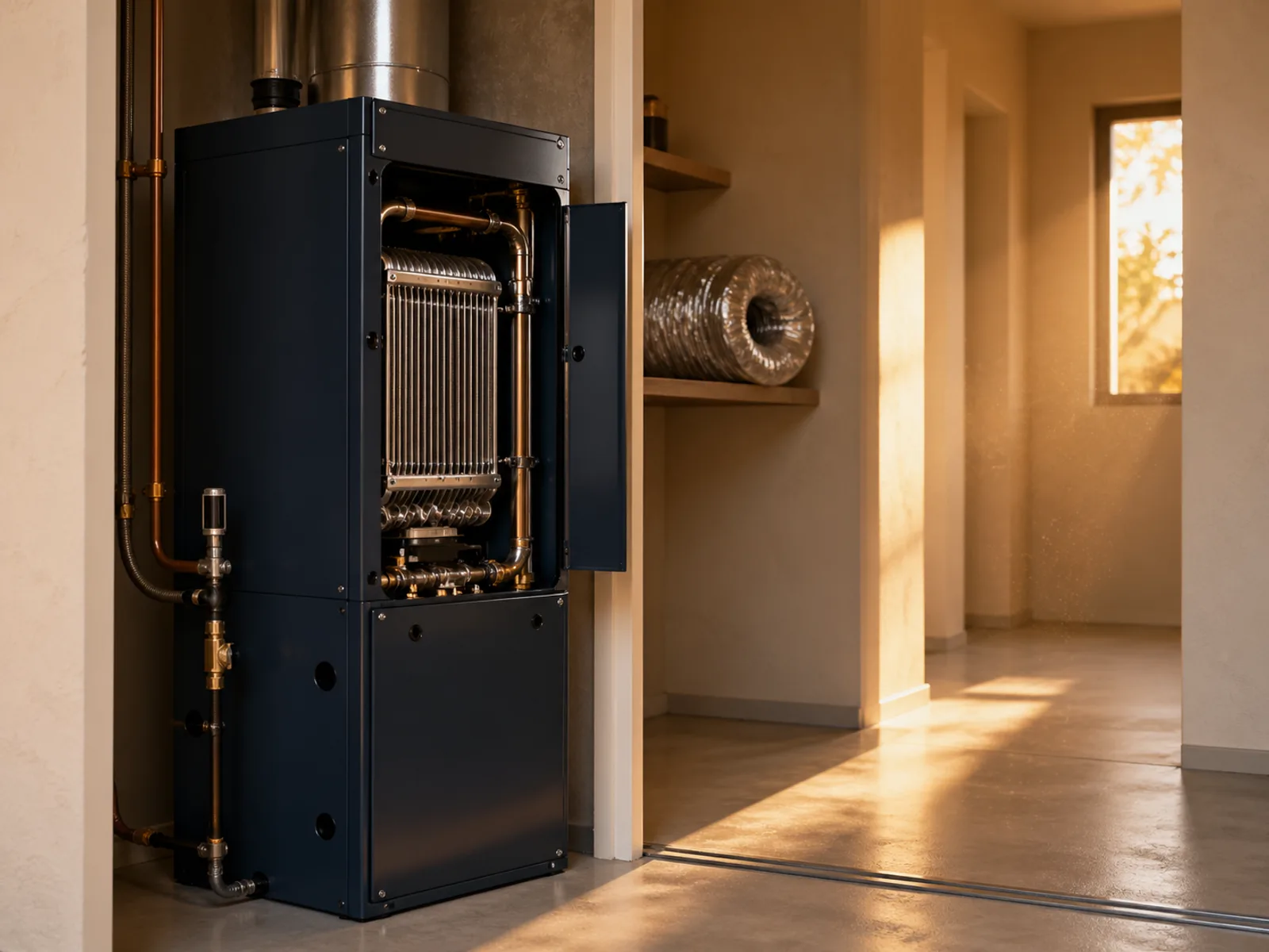 High-efficiency gas furnace inside a tidy Sacramento utility closet at golden hour.
