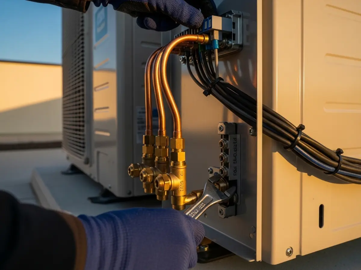 A close-up photograph showcasing the precise installation of a modern outdoor AC condenser unit. A technician's navy-gloved hands meticulously adjust a brass refrigerant valve on clean copper lines, set against a warm cream wall under a soft blue sky, illuminated by natural light.