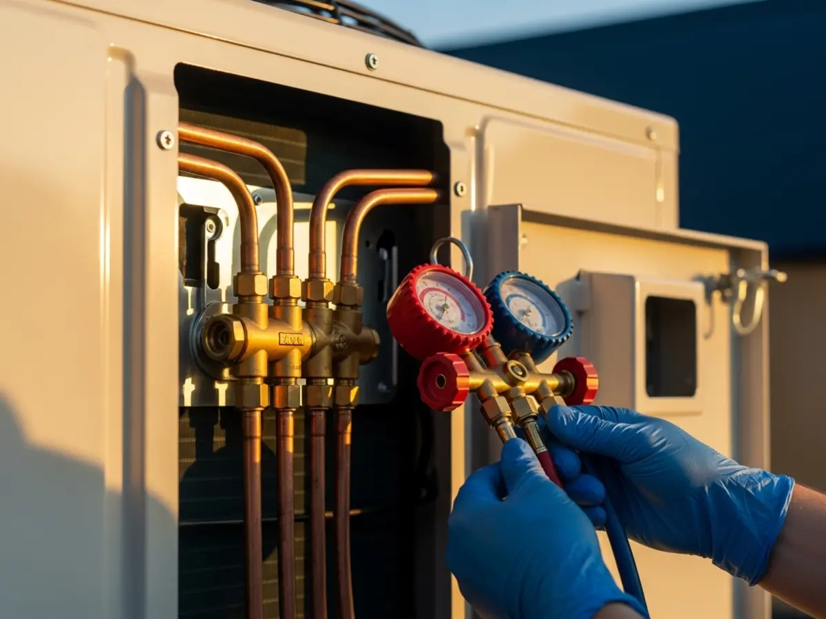A close-up view of a modern air conditioner's outdoor unit, showing a technician's gloved hands connecting a manifold gauge to the brass refrigerant valves and clean copper lines, set against a warm, sunlit background. This image symbolizes professional AC maintenance.