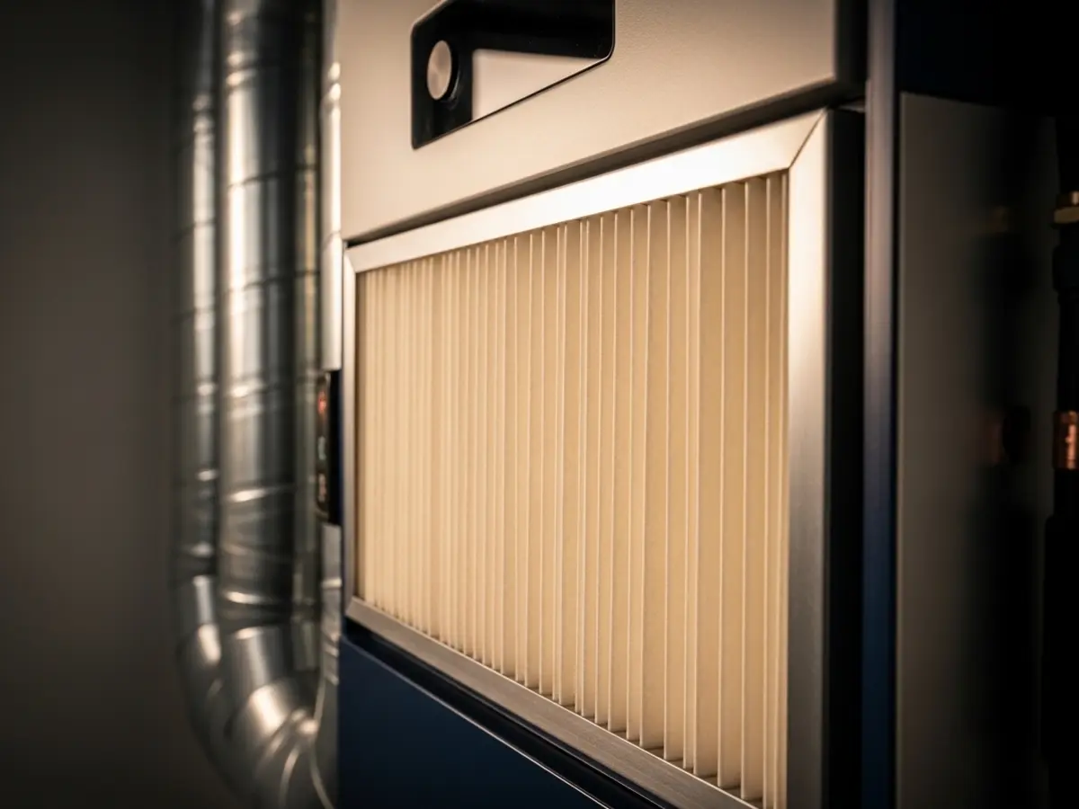 A professional close-up photograph of a clean, high-efficiency pleated air filter inside a modern whole-home air filtration system, with neatly sealed ductwork in the background. The image showcases advanced air filtration technology and clean installation for improved indoor air quality.