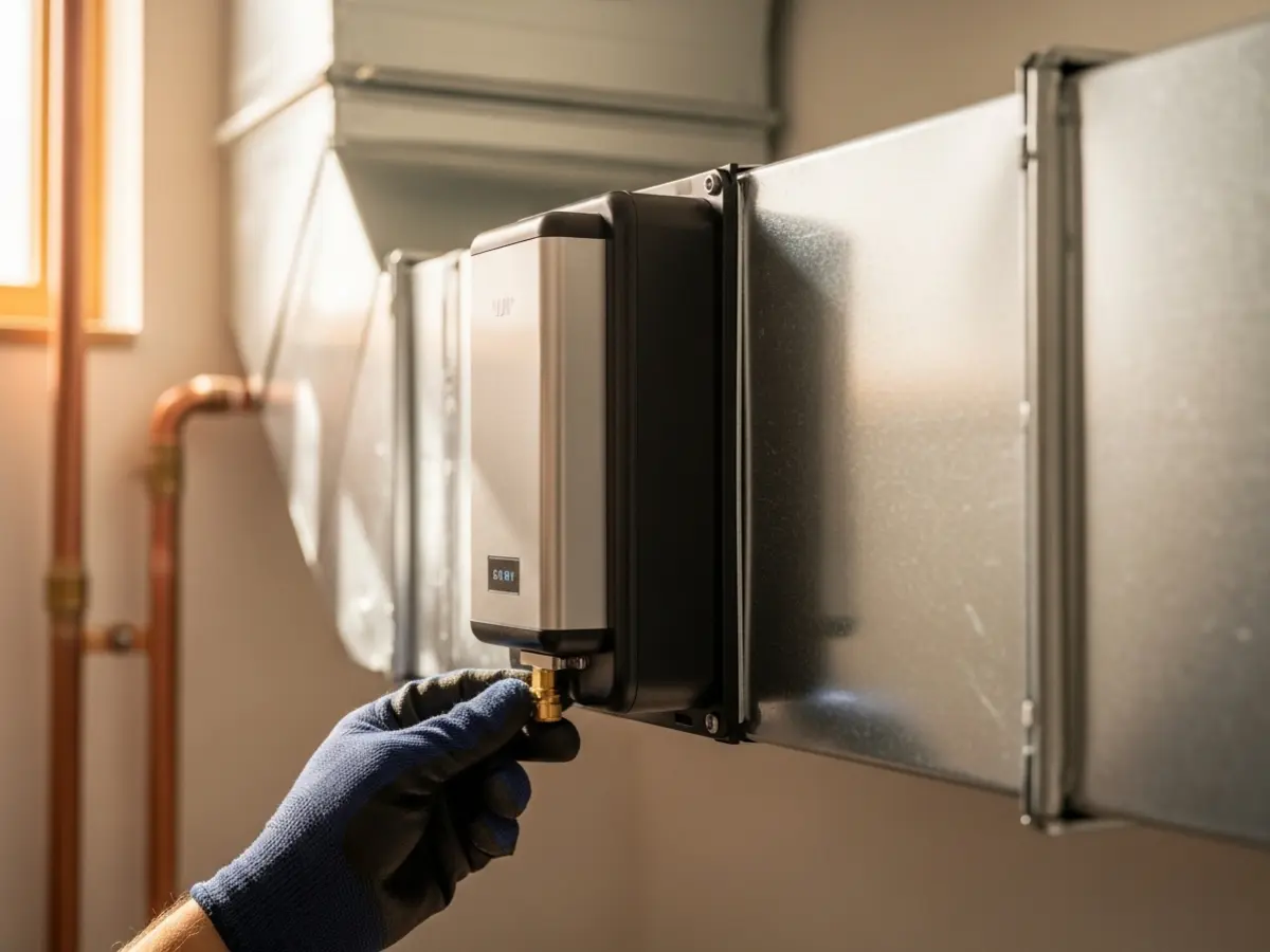 A professional closeup of a modern whole-home UV air purifier integrated into clean galvanized ductwork, with a gloved hand performing a precise adjustment. The image features warm, natural lighting and a harmonious color palette of navy blue, cream, and copper accents, highlighting a high-quality technical installation.
