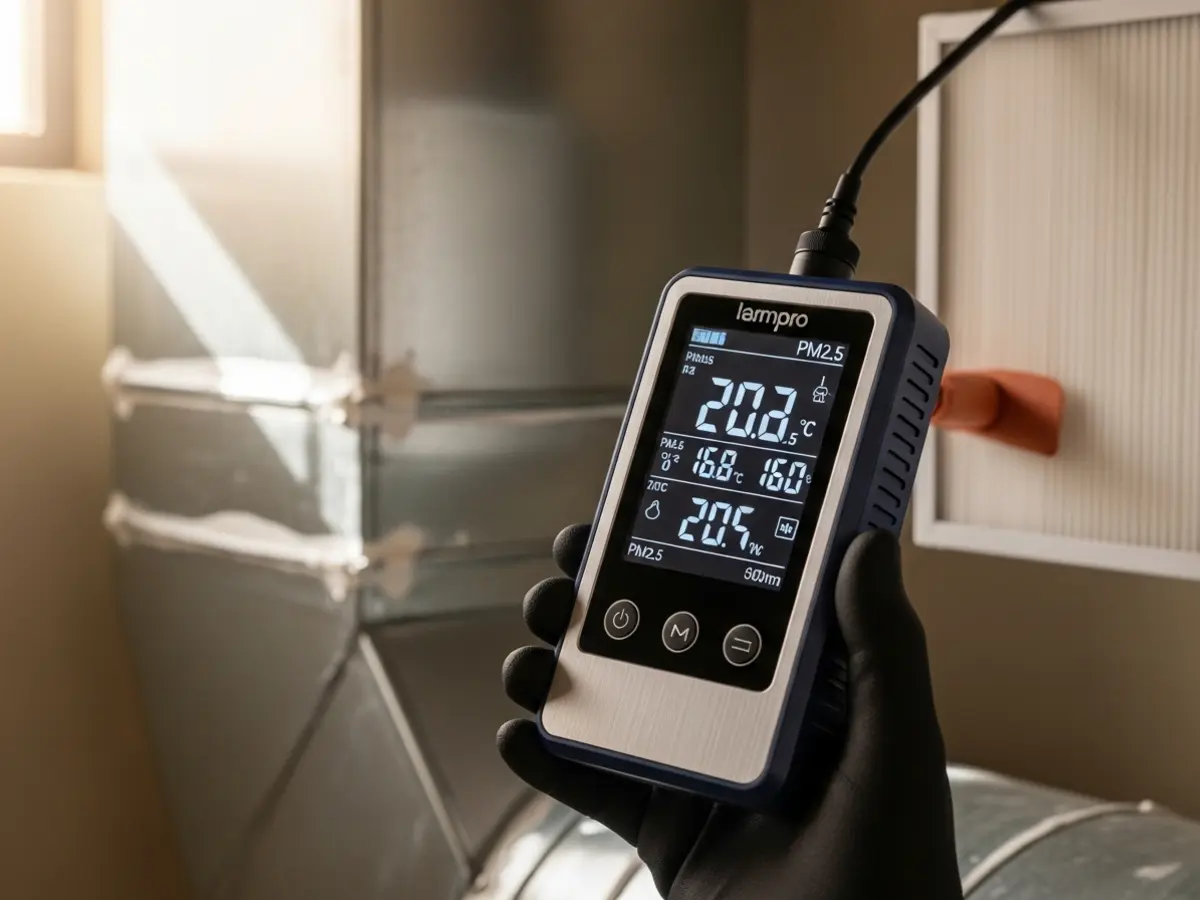 Closeup of a gloved hand holding a modern digital air quality monitor near clean HVAC ductwork and a high-efficiency air filter, demonstrating professional air quality testing.