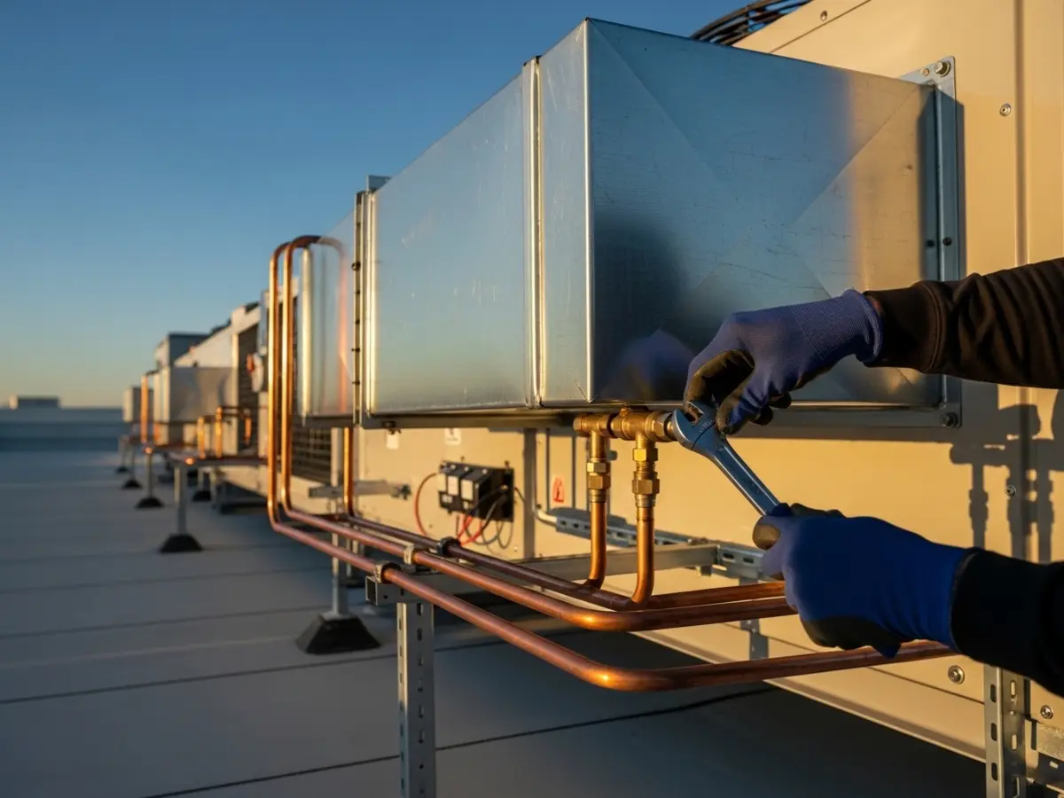 A professional, sunlit close-up of a new commercial rooftop package unit installation, featuring clean galvanized ductwork, copper refrigerant lines with brass fittings, and a gloved hand making a precise adjustment. A deep blue sky is visible in the background.