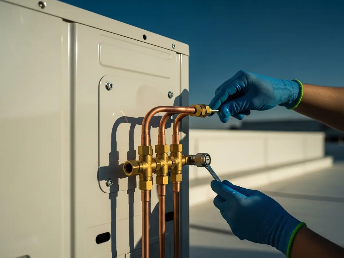A closeup photo of a modern commercial VRF heat pump outdoor unit with meticulously installed copper refrigerant lines and brass fittings. A technician's gloved hands are shown performing a precise adjustment on a pressure sensor, set against a warm sunlit backdrop of a clear blue sky and a light-colored rooftop.