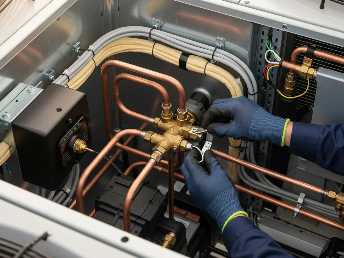 A closeup view inside a modern commercial rooftop HVAC unit, showing a technician's gloved hands adjusting a brass valve on copper lines, with galvanized steel and cream wiring visible under warm light.