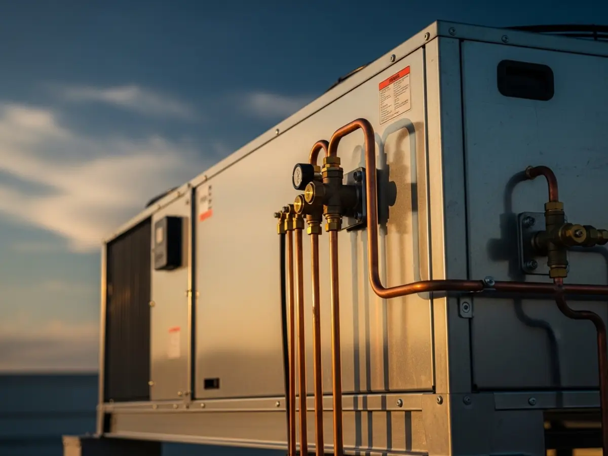 A detailed, high-quality photograph of a modern commercial rooftop HVAC unit (RTU) at sunset, featuring clean galvanized steel, brass valves, and copper piping against a deep blue and warm sky. It emphasizes professional installation and premium equipment.