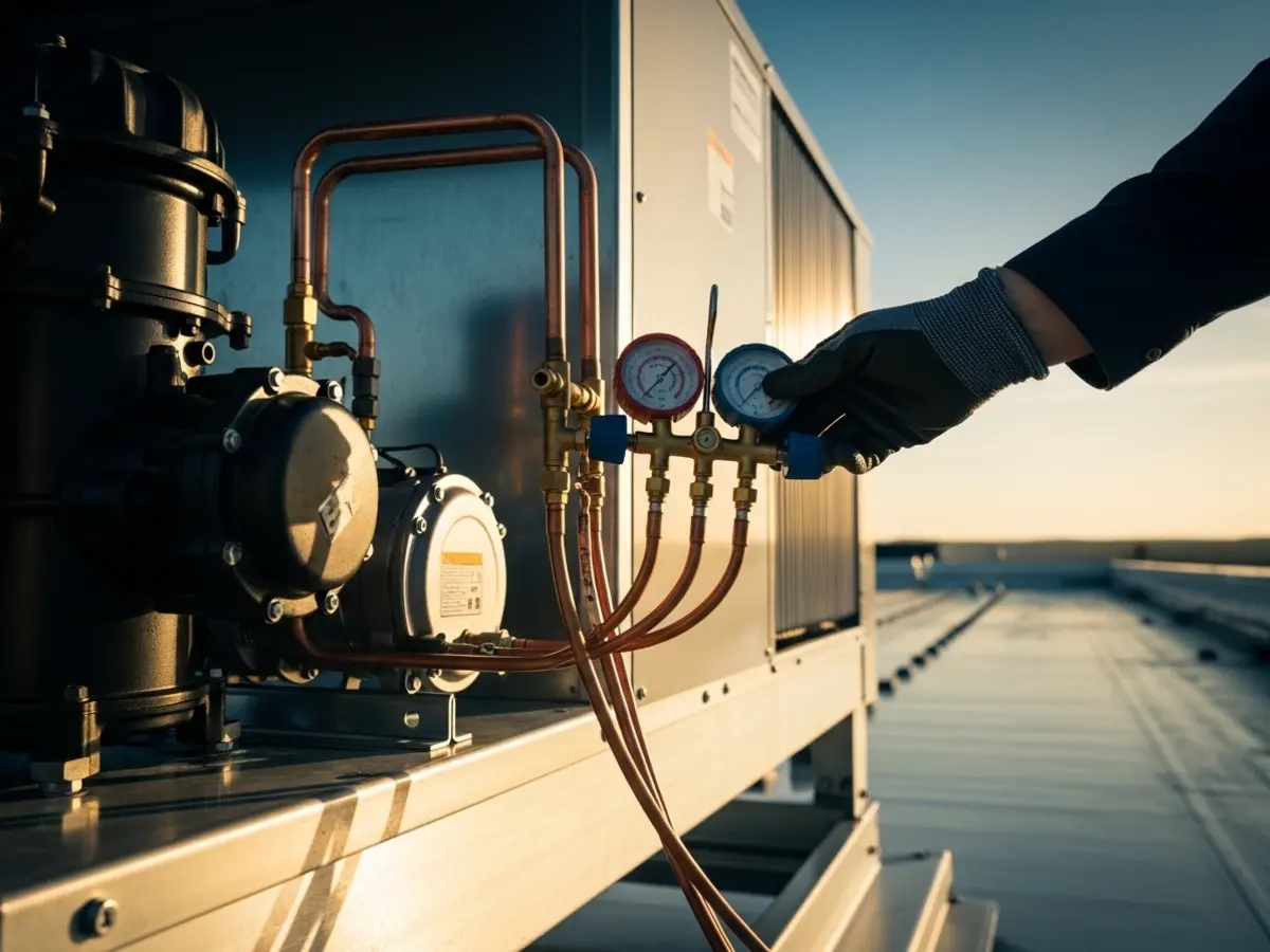 A detailed, professional photograph showing a gloved hand connecting a manifold gauge to a modern commercial rooftop HVAC unit. The image highlights clean galvanized steel, copper refrigerant lines, and brass valves under soft, natural sunlight, with a deep blue sky in the background.