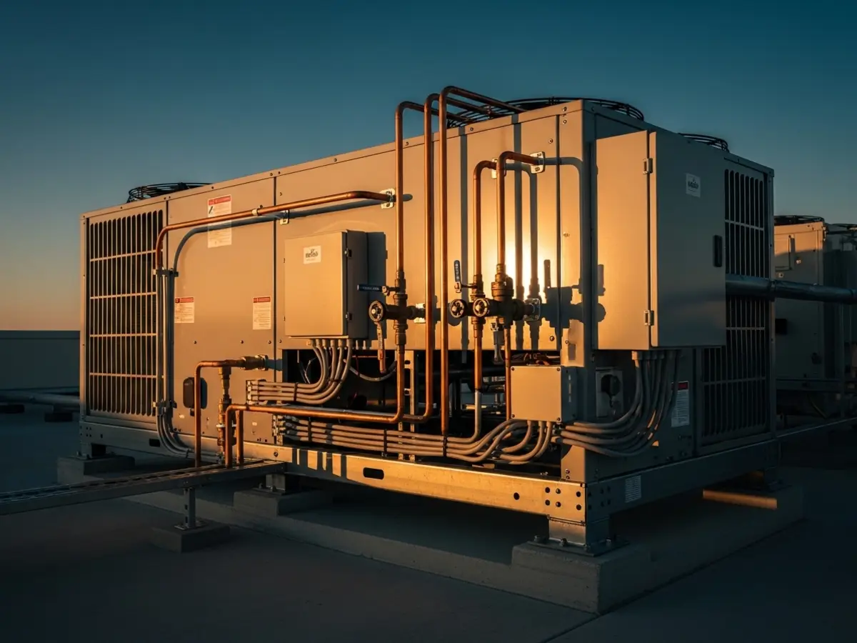 High-quality professional photograph of a modern commercial rooftop HVAC unit (RTU) in Sacramento, showcasing its robust galvanized steel casing, clean copper refrigerant lines, and professional installation under warm, natural sunlight. The image emphasizes reliability and precision for commercial facility HVAC services.