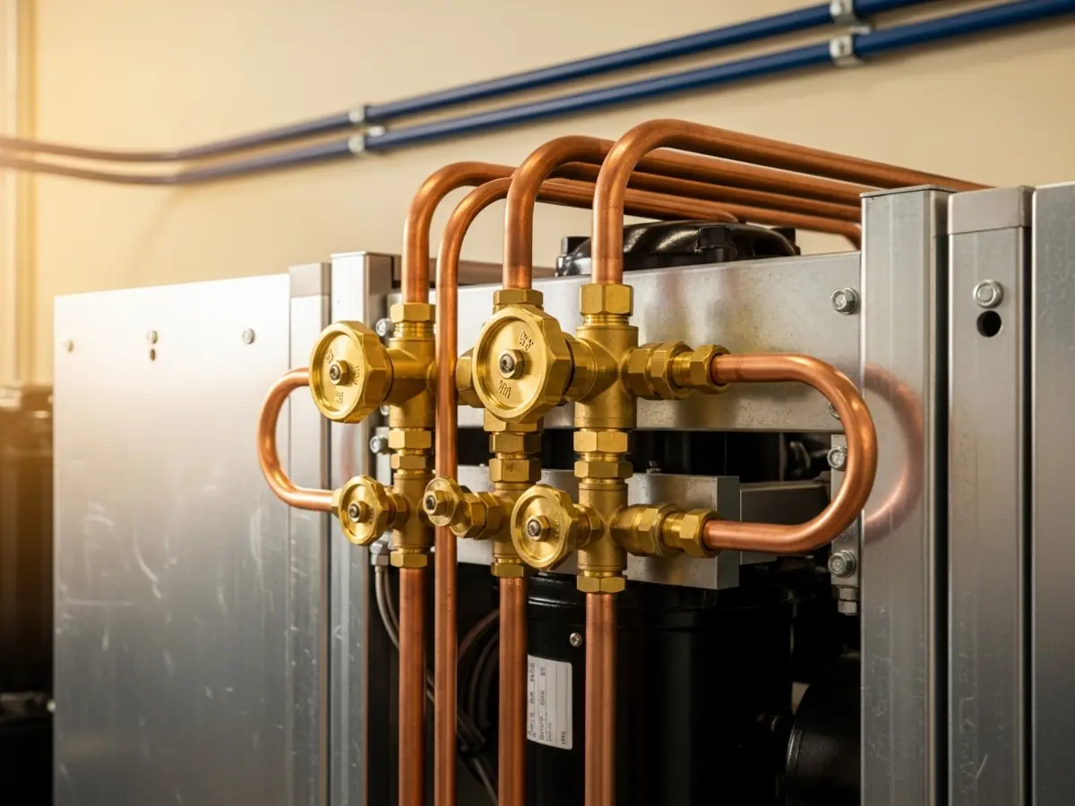 A close-up view of a modern commercial refrigeration compressor, featuring polished copper pipes, brass valves, and galvanized steel panels bathed in warm natural light.