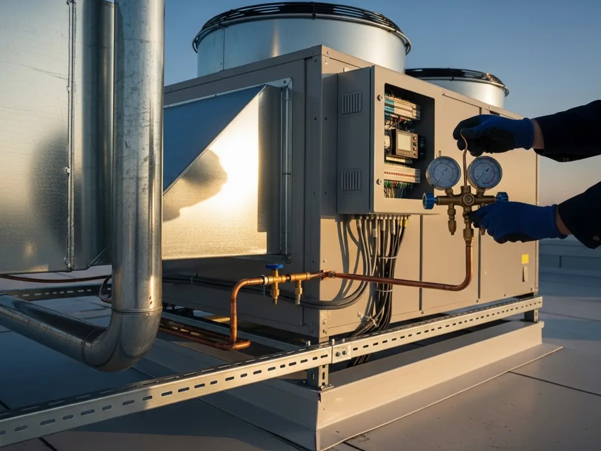 A professional, detailed closeup of a commercial rooftop HVAC unit. A technician's gloved hands are connecting a brass manifold gauge to a copper refrigerant line, with clean galvanized steel ductwork and wiring visible. The unit is bathed in warm golden hour sunlight under a deep blue sky.