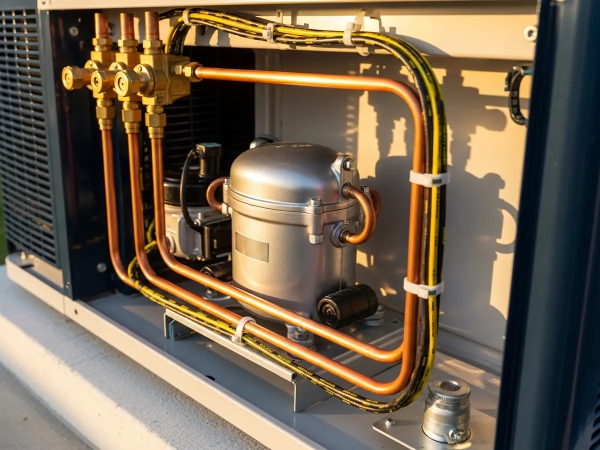 A close-up view of a new AC compressor within a modern outdoor condenser unit, featuring polished copper lines, brass valves, and clean wiring, illuminated by warm golden hour sunlight against a deep blue and cream color palette.