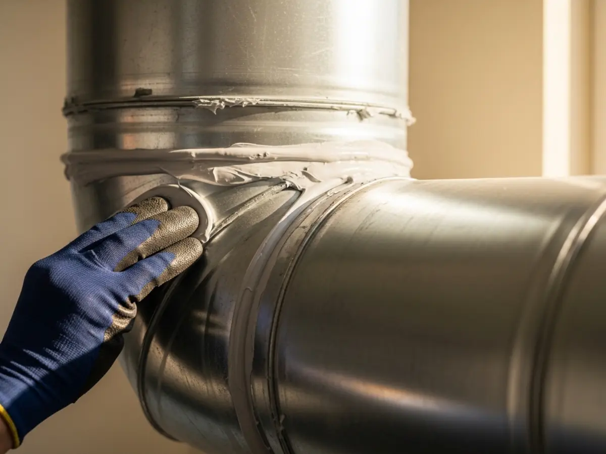 A close-up shot of a professional HVAC technician's gloved hand meticulously sealing a galvanized steel duct joint with light gray mastic, illuminated by warm, soft natural light, emphasizing quality workmanship.