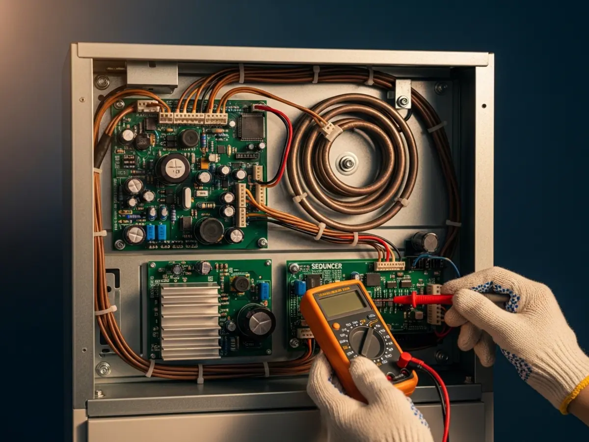A closeup of a technician's cream-colored gloved hands testing the control board and sequencer of a modern electric furnace with a digital multimeter, highlighting clean wiring, electric heating elements, and brushed metal components, all bathed in warm natural light against a deep blue background.