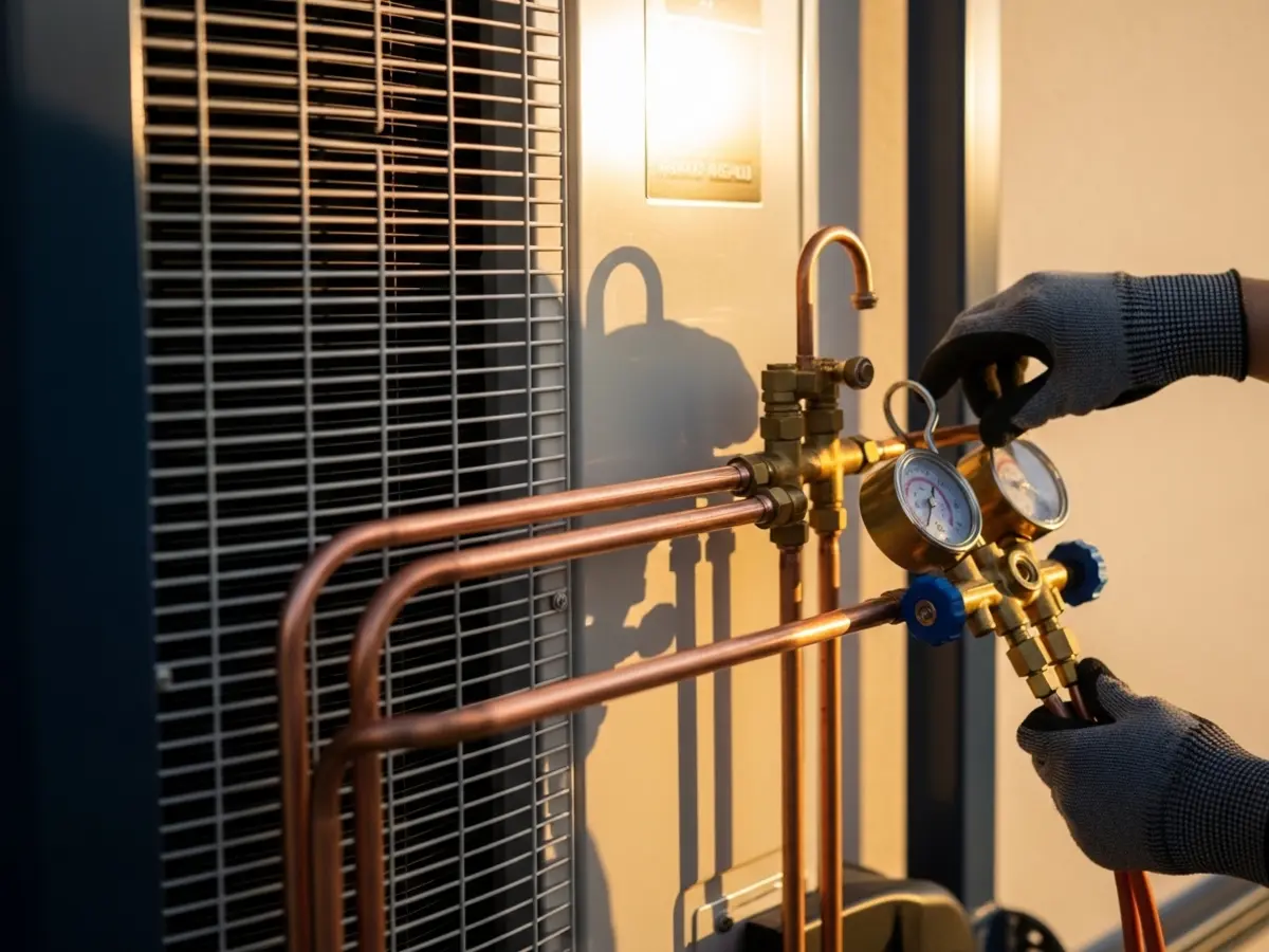 Close-up of a technician's gloved hands connecting a manifold gauge to a modern outdoor AC unit's brass valve, with polished copper lines under warm sunlight, symbolizing professional emergency AC repair.