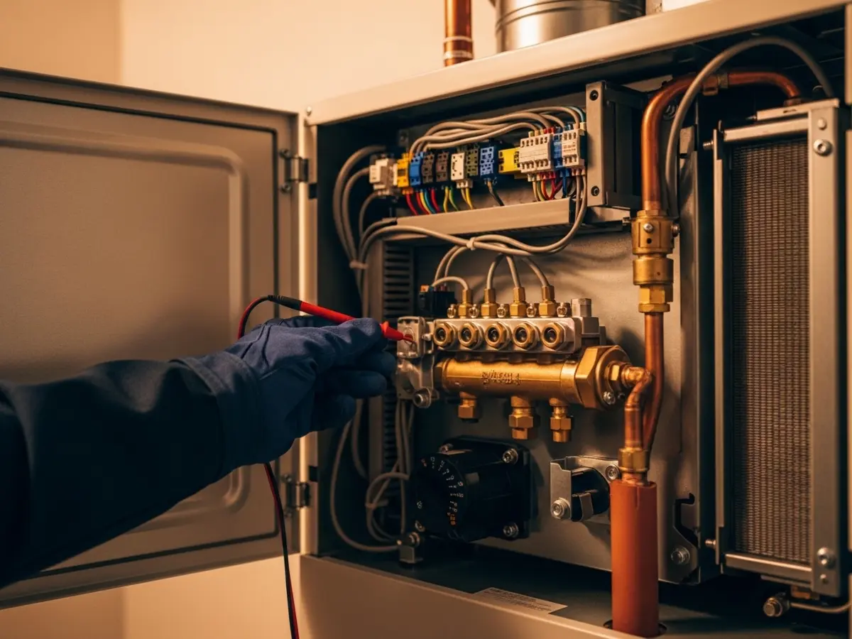 A professional, close-up photograph of a modern gas furnace interior with its service panel open. A technician's gloved hand, in deep navy blue, uses a multimeter to inspect clean wiring and a brass manifold. Soft, warm natural light illuminates the scene against a cream-colored background, hinting at quality service.