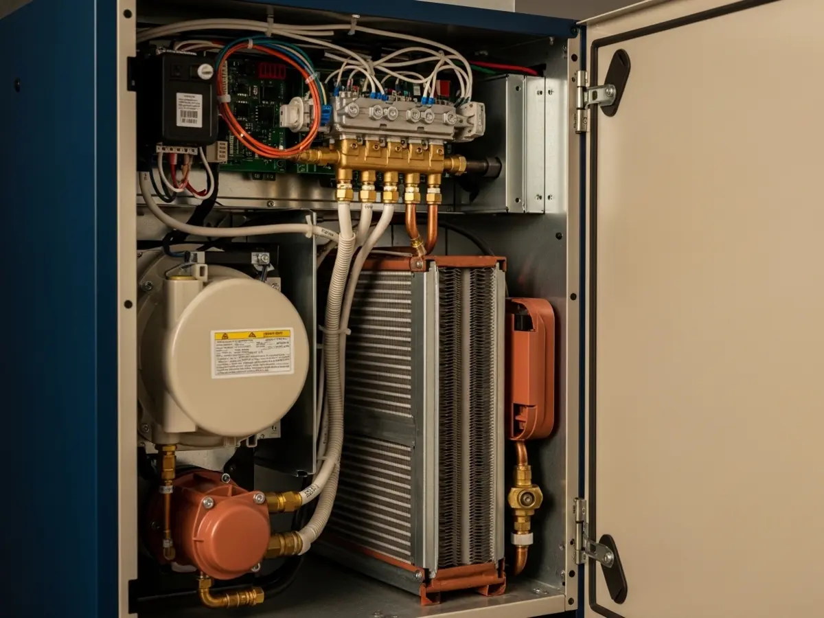 A detailed closeup of the internal components of a modern gas furnace, with its service panel open, showing clean wiring, a gas manifold, and a heat exchanger illuminated by soft warm light, representing professional furnace maintenance.