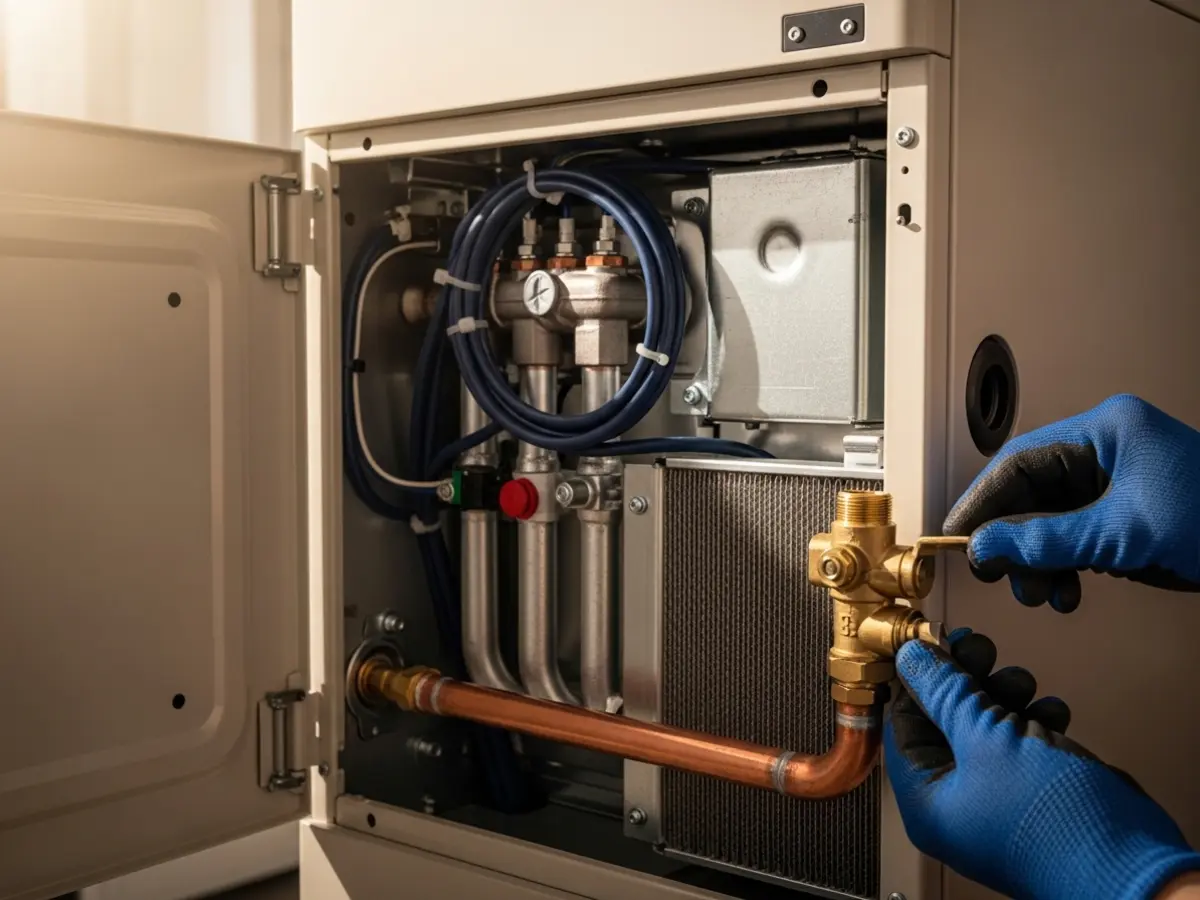 A detailed, professional close-up photograph of a newly installed, high-efficiency gas furnace with its service panel open. The image highlights clean internal components, including wiring and manifolds. A technician's deep blue gloved hands are precisely adjusting a brass gas valve on a copper pipe, conveying expert installation. The scene is bathed in warm, natural light, emphasizing quality and modern design with a palette of deep blues, warm creams, and copper accents.
