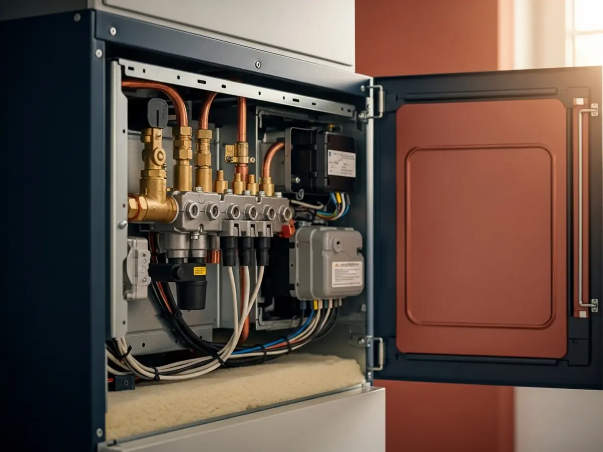A detailed, professional photograph showcasing the internal components of a modern gas furnace with its service panel open. Visible elements include the gas manifold, copper tubing, ignition system, and organized wiring, all meticulously maintained. The scene is bathed in warm natural light, highlighting the quality of the brushed metal and matte plastic finishes, set against a backdrop featuring deep navy and subtle terracotta tones.
