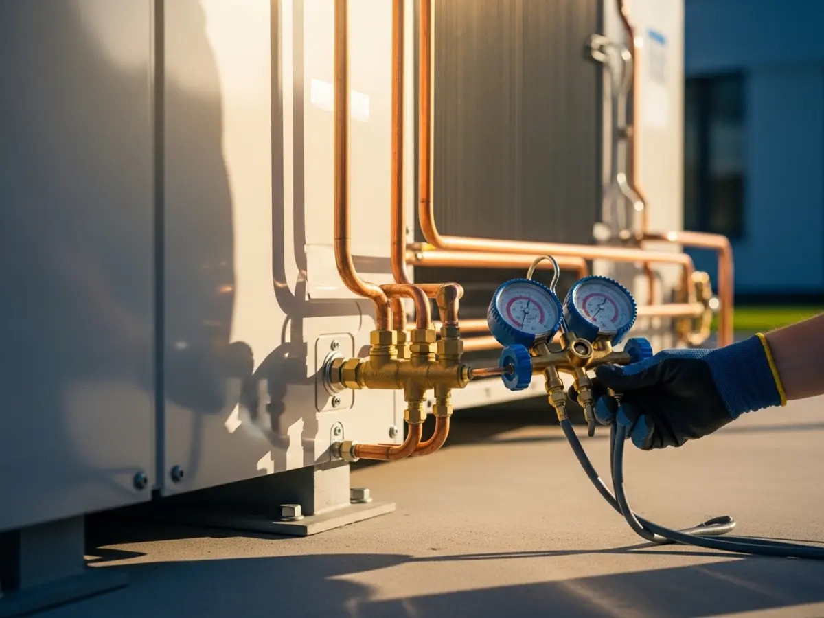 A detailed closeup of a modern heat pump condenser unit being serviced, featuring a gloved hand in a deep navy glove connecting a manifold gauge to brass refrigerant valves. The image emphasizes the clean, high-quality equipment, polished copper lines, and professional maintenance work under warm, natural light, reflecting premium HVAC service.