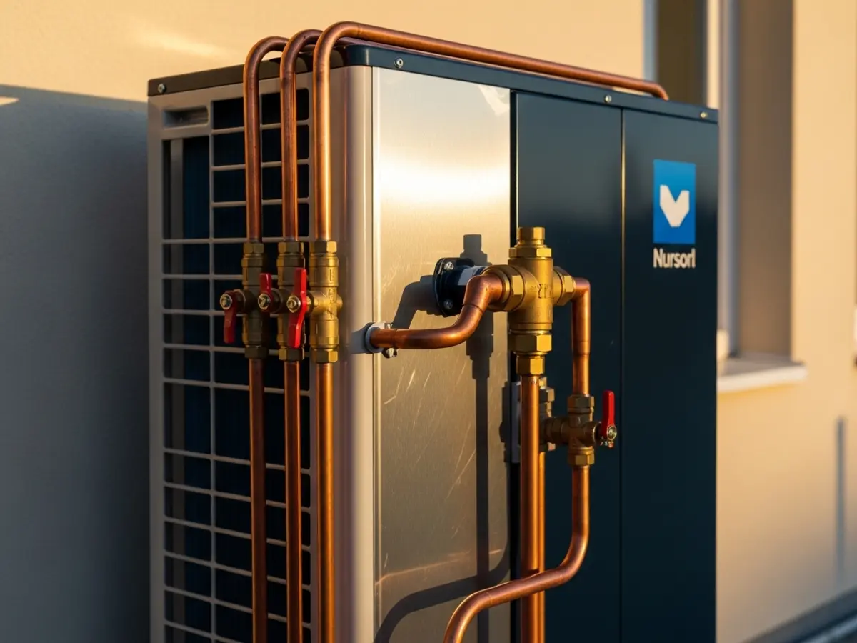 A high-quality close-up photograph of a modern, high-efficiency outdoor heat pump unit, featuring clean copper line sets and brass valves. The unit has brushed metal and matte dark blue finishes, professionally installed against a warm cream wall under soft golden hour lighting.
