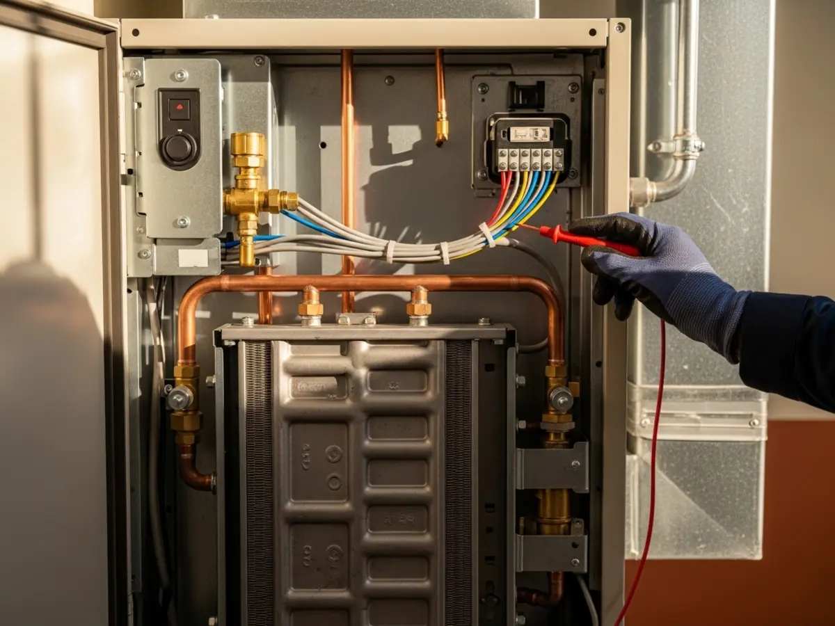 A high-quality, detailed closeup of a modern residential gas furnace interior, with an open service panel. Pristine copper lines and a detailed heat exchanger are visible under warm natural light. A professional, dark-navy gloved hand is shown using a multimeter to diagnose clean wiring, conveying expert heater repair.