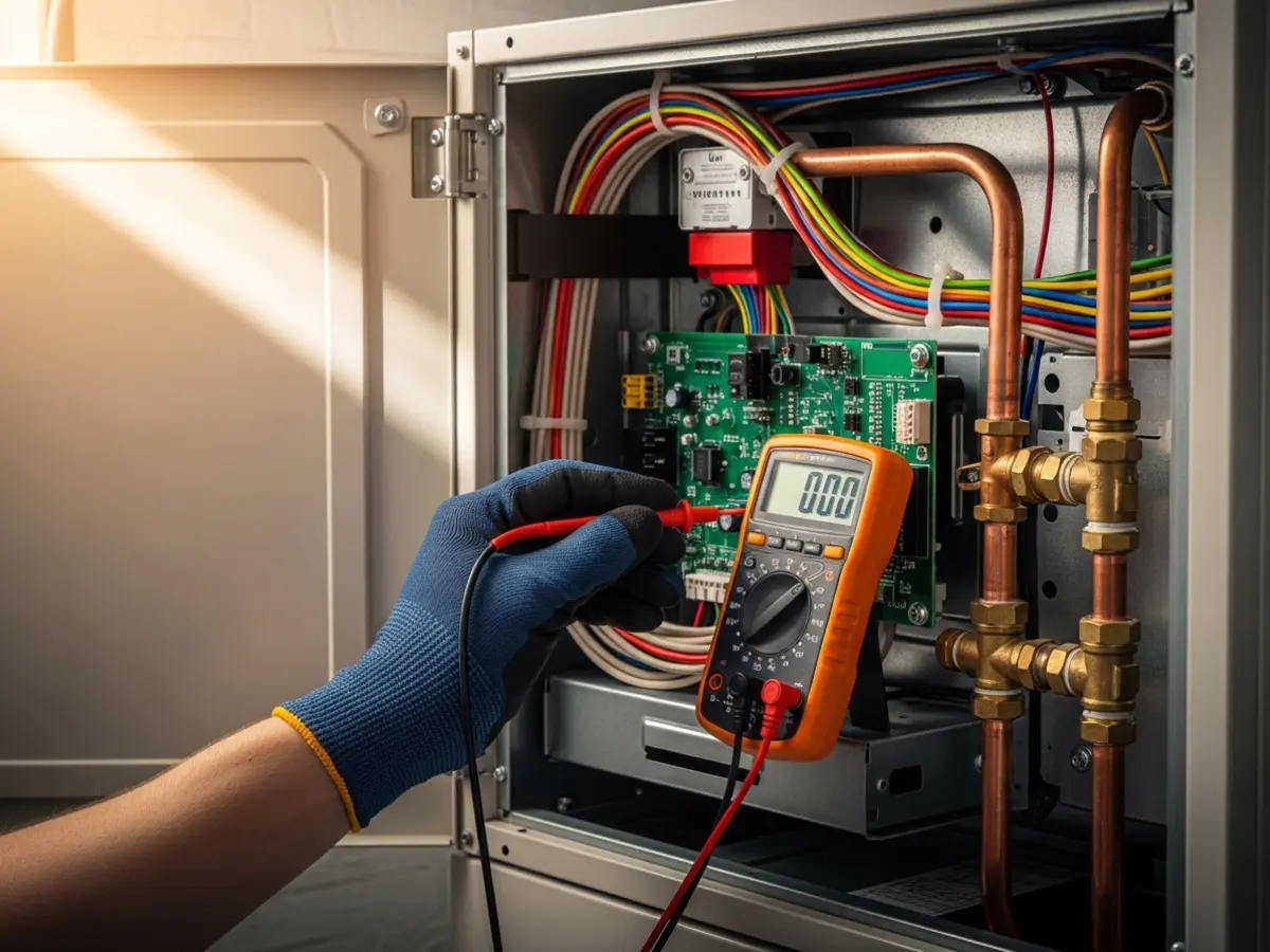 A professional, close-up shot of the open service panel of a modern, high-efficiency gas furnace. A navy-gloved hand uses a multimeter to test internal wiring, with gleaming copper pipes and brass fittings visible. Warm, natural light illuminates the clean, high-quality components, highlighting the deep navy, cream, and terracotta color scheme.