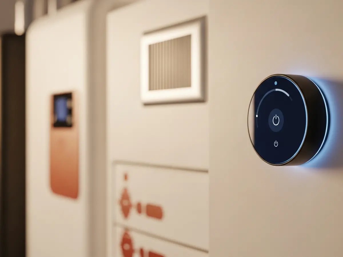 A professional technician diagnostic tool, modern digital thermostat, and high-efficiency home HVAC equipment in Sacramento.