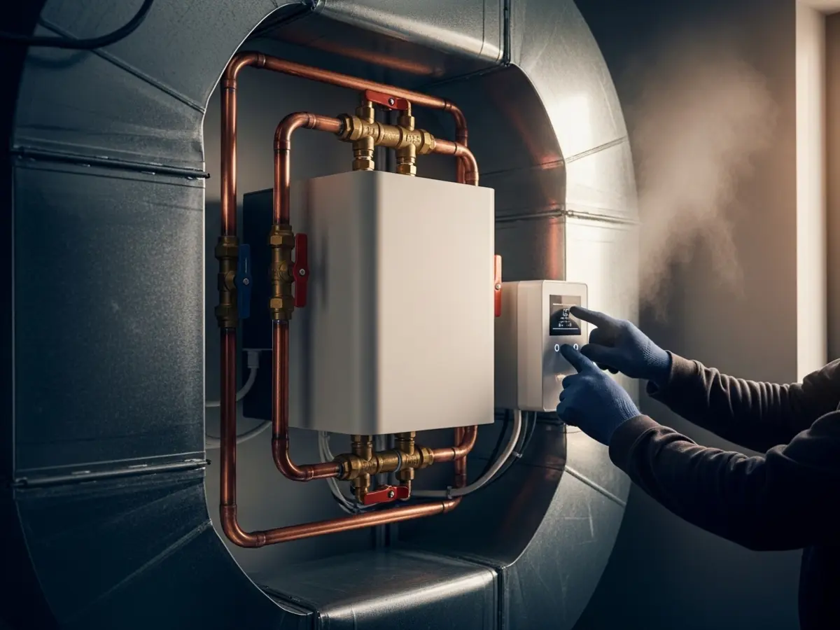 A close-up professional photograph of a modern whole-home humidifier unit integrated into galvanized ductwork, with copper pipes and brass valves. Gloved hands adjust a digital control panel, set in a clean, well-lit utility space.