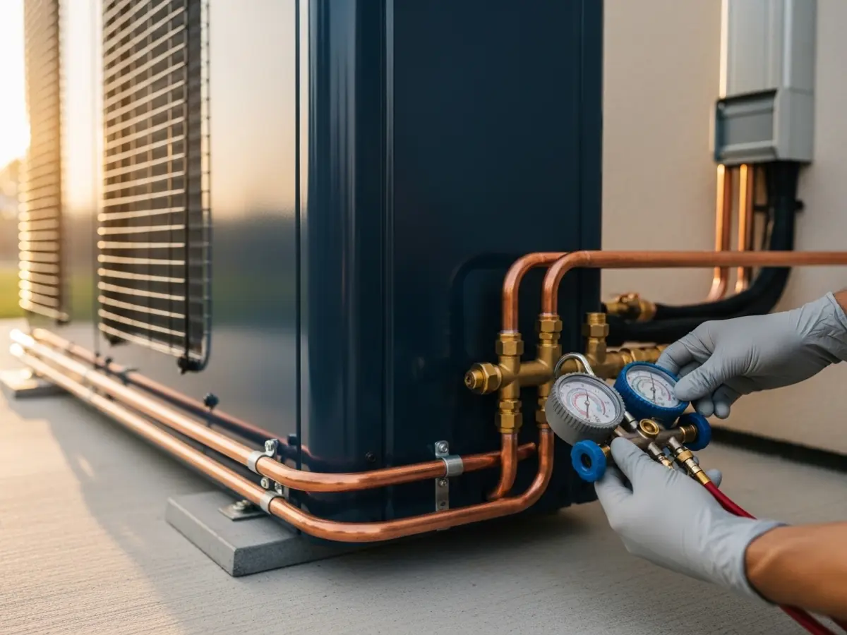 A professional closeup of a modern, deep navy blue HVAC outdoor condenser unit on a clean concrete pad under warm natural sunlight. Gloved hands are shown precisely attaching a manifold gauge to a polished brass refrigerant valve on expertly installed copper line sets, indicating an HVAC inspection.