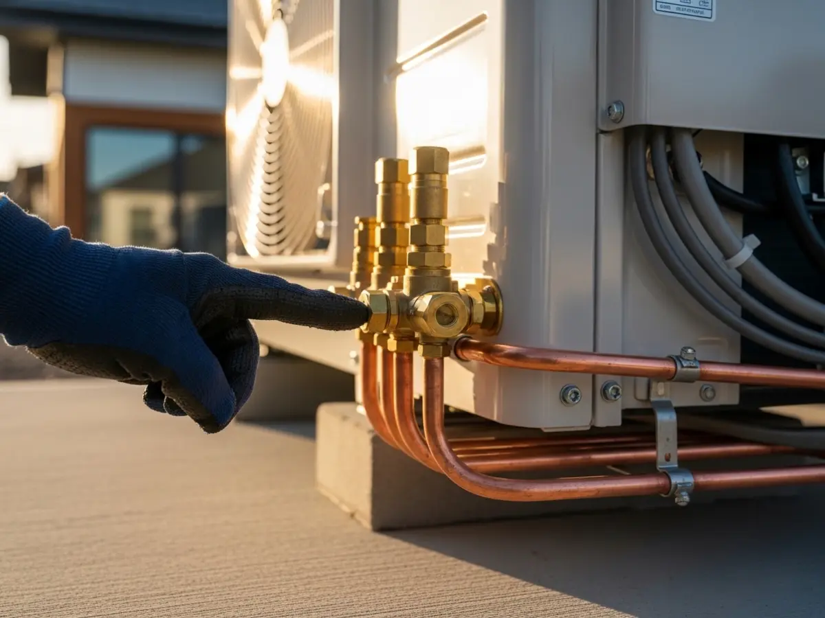 A close-up professional photo of a new, high-efficiency outdoor HVAC condenser unit. Polished copper lines and brass valves are visible, with a gloved hand gently touching a valve. The scene is illuminated by warm, natural light, emphasizing modern equipment and precise installation against a background of deep blues and warm creams.