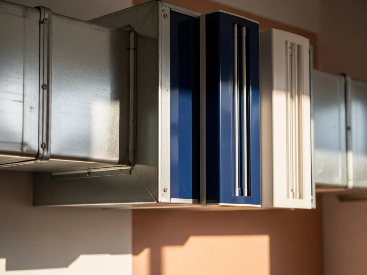A professional, high-resolution close-up of a modern UV air purification system neatly installed within clean galvanized steel ductwork. Warm, natural sunlight highlights the brushed metal and white components, emphasizing precision and advanced indoor air quality technology.