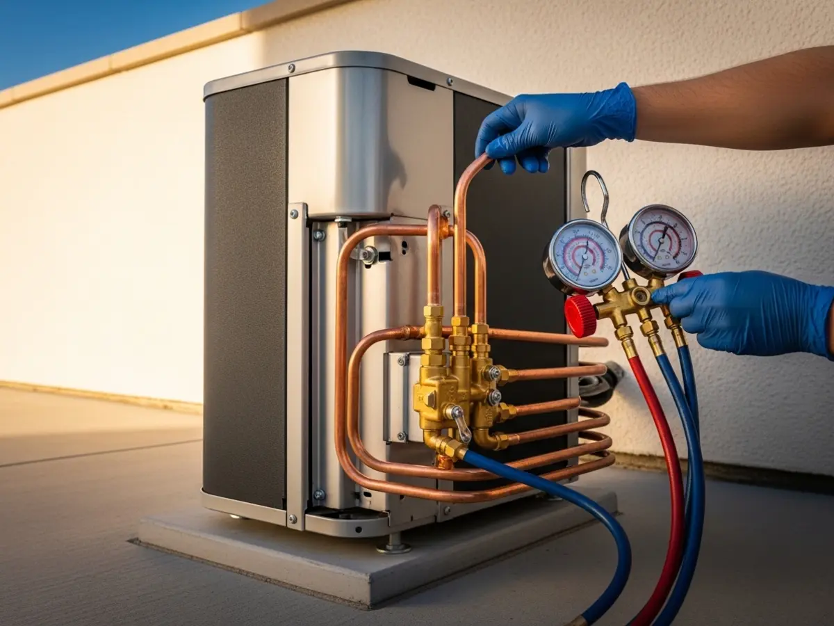 A detailed close-up image of a modern mini-split outdoor condenser unit with polished copper line sets and brass refrigerant valves, highlighted by natural sunlight. A gloved hand is shown inspecting the connections. The background features a cream wall and blue sky, emphasizing a clean, professional installation.
